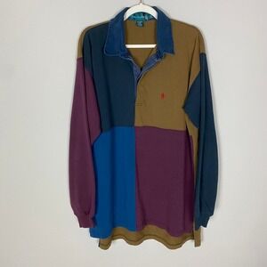 Vintage Knights of Round Table Rugby Polo Shirt Mens 1XLT Colorblock Long Sleeve
